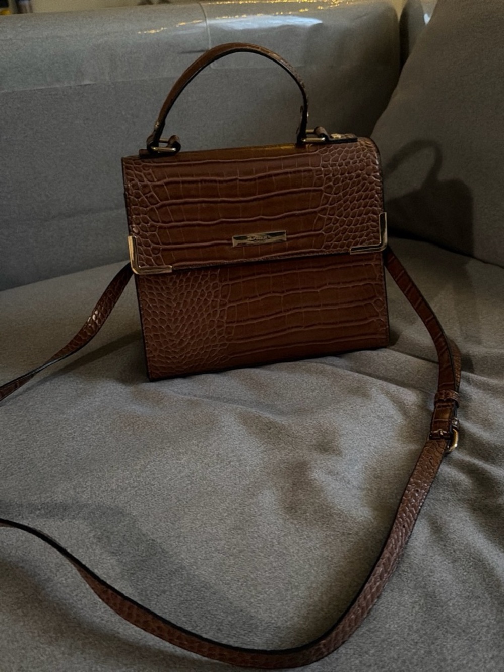 Croc-Embossed Brown Top-Handle Satchel with Detachable Strap